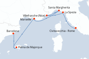 Carte itinéraire croisière Italie, France, Espagne - 7 jours au départ de Civitavecchia - Rome - Méditerranée
