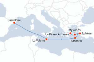 Carte itinéraire croisière Espagne, Malte, Grèce, Turquie - 7 jours au départ de Barcelone - Méditerranée