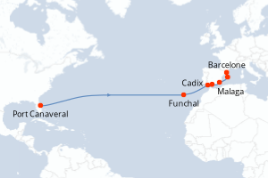Carte itinéraire croisière États-Unis, Portugal, Espagne - 14 jours au départ de Port Canaveral - Transatlantique