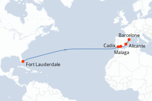 Carte itinéraire croisière États-Unis, Espagne - 14 jours au départ de Fort Lauderdale - Transatlantique