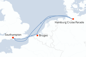 Carte itinéraire croisière Royaume-Uni, Belgique, Allemagne - 5 jours au départ de Southampton - Europe du Nord