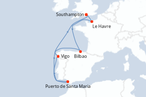 Carte itinéraire croisière Royaume-Uni, France, Espagne - 7 jours au départ de Southampton - Europe du Nord