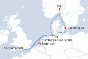 Carte itinéraire croisière Royaume-Uni, Pays-Bas, Danemark, Norvège, Allemagne - 8 jours au départ de Southampton - Europe du Nord