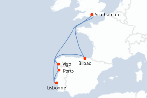 Carte itinéraire croisière Royaume-Uni, Portugal, Espagne - 8 jours au départ de Southampton - Europe du Nord