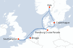 Carte itinéraire croisière Royaume-Uni, Belgique, Danemark, Norvège, Allemagne - 8 jours au départ de Southampton - Europe du Nord