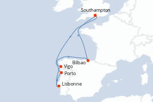 Carte itinéraire croisière Royaume-Uni, Espagne, Portugal - 8 jours au départ de Southampton - Europe du Nord