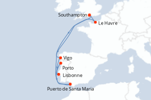 Carte itinéraire croisière Royaume-Uni, Espagne, Portugal, France - 8 jours au départ de Southampton - Europe du Nord