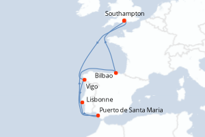Carte itinéraire croisière Royaume-Uni, Espagne, Portugal - 8 jours au départ de Southampton - Europe du Nord