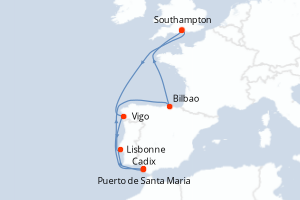 Carte itinéraire croisière Royaume-Uni, Portugal, Espagne - 9 jours au départ de Southampton - Europe du Nord