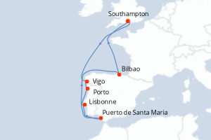 Carte itinéraire croisière Royaume-Uni, Espagne, Portugal - 9 jours au départ de Southampton - Europe du Nord
