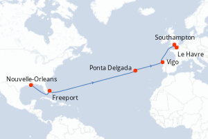 Carte itinéraire croisière États-Unis, Bahamas, Portugal, Espagne, France, Royaume-Uni - 15 jours au départ de Nouvelle-Orleans - Transatlantique