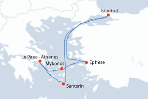 Carte itinéraire croisière Turquie, Grèce - 7 jours au départ de Le Piree - Athenes - Méditerranée
