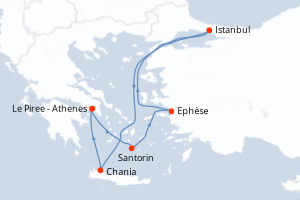 Carte itinéraire croisière Grèce, Turquie - 7 jours au départ de Le Piree - Athenes - Méditerranée