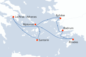 Carte itinéraire croisière Grèce, Turquie - 7 jours au départ de Le Piree - Athenes - Méditerranée
