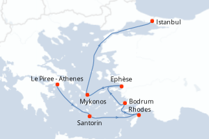 Carte itinéraire croisière Grèce, Turquie - 7 jours au départ de Le Piree - Athenes - Méditerranée