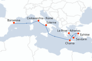 Carte itinéraire croisière Grèce, Turquie, Italie, Espagne - 8 jours au départ de Le Piree - Athenes - Méditerranée