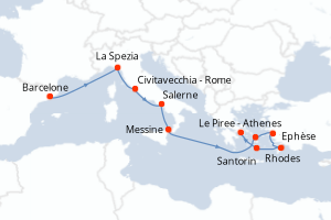 Carte itinéraire croisière Espagne, Italie, Turquie, Grèce - 11 jours au départ de Barcelone - Méditerranée