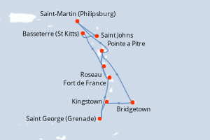 Carte itinéraire croisière Barbade, Saint Vincent-et-les-Grenadines, Grenade, France, Pays-Bas, Antigua-et-Barbuda, Royaume-Uni, Dominique - 14 jours au départ de Bridgetown - Caraïbes Bahamas