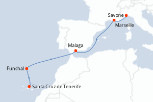 Carte itinéraire croisière Italie, France, Espagne, Madère, Canaries - 6 jours au départ de Savone - Iles Canaries