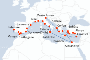 Carte itinéraire croisière Italie, Grèce, Chypre, Turquie, Egypte, France, Espagne, Royaume-Uni, Portugal - 39 jours au départ de Venise Fusina - Atlantique