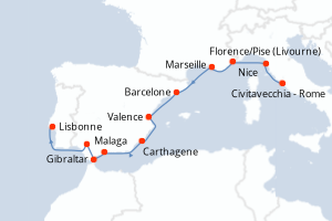 Carte itinéraire croisière Italie, France, Espagne, Royaume-Uni, Portugal - 15 jours au départ de Civitavecchia - Rome - Atlantique