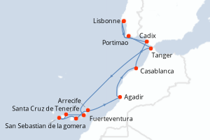 Carte itinéraire croisière Portugal, Maroc, Espagne - 15 jours au départ de Lisbonne - Atlantique
