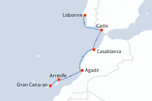 Carte itinéraire croisière Espagne, Maroc, Portugal - 7 jours au départ de Gran Canarias - Atlantique