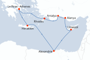 Carte itinéraire croisière Grèce, Egypte, Chypre, Turquie - 11 jours au départ de Le Piree - Athenes - Méditerranée