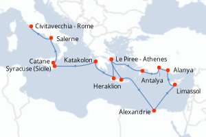 Carte itinéraire croisière Grèce, Egypte, Chypre, Turquie, Italie - 18 jours au départ de Le Piree - Athenes - Méditerranée