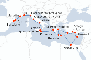 Carte itinéraire croisière Grèce, Egypte, Chypre, Turquie, Italie, France, Espagne - 25 jours au départ de Le Piree - Athenes - Méditerranée