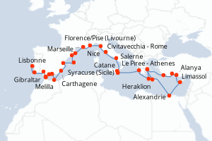 Carte itinéraire croisière Grèce, Egypte, Chypre, Turquie, Italie, France, Espagne, Royaume-Uni, Portugal - 39 jours au départ de Le Piree - Athenes - Atlantique