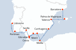 Carte itinéraire croisière Espagne, Royaume-Uni, Portugal - 14 jours au départ de Barcelone - Atlantique