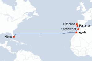 Carte itinéraire croisière Portugal, Maroc, États-Unis - 14 jours au départ de Lisbonne - Caraïbes Bahamas