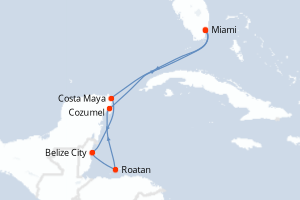 Carte itinéraire croisière États-Unis, Mexique, Belize, Honduras - 8 jours au départ de Miami - Caraïbes Bahamas