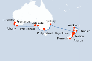 Carte itinéraire croisière Nouvelle-Zélande, Australie - 31 jours au départ de Auckland - Australie Nouvelle Zélande