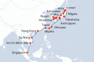 Carte itinéraire croisière Singapour, Vietnam, Chine, Taïwan, Japon, Corée du Sud - 28 jours au départ de Singapour - Asie