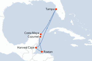 Carte itinéraire croisière États-Unis, Belize, Honduras, Mexique - 7 jours au départ de Tampa - Caraïbes Mexique