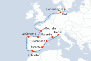 Carte itinéraire croisière Italie, Espagne, Royaume-Uni, France, Allemagne, Danemark - 14 jours au départ de Marseille - Europe du Nord