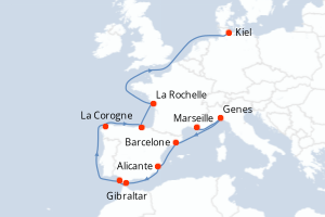 Carte itinéraire croisière Italie, Espagne, Royaume-Uni, France, Allemagne - 13 jours au départ de Marseille - Europe du Nord