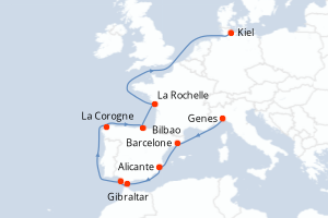 Carte itinéraire croisière Italie, Espagne, Royaume-Uni, France, Allemagne - 12 jours au départ de Genes - Europe du Nord