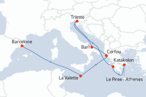 Carte itinéraire croisière Espagne, Malte, Grèce, Italie - 9 jours au départ de Barcelone - Méditerranée