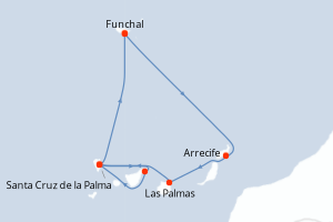 Carte itinéraire croisière Portugal, Espagne - 7 jours au départ de Funchal - Iles Canaries