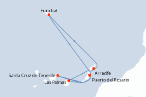 Carte itinéraire croisière Espagne, Portugal - 7 jours au départ de Arrecife - Iles Canaries