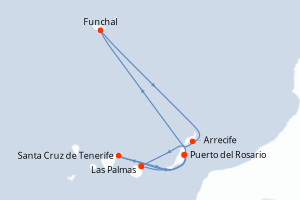 Carte itinéraire croisière Portugal, Espagne - 7 jours au départ de Las Palmas - Iles Canaries