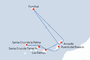 Carte itinéraire croisière Portugal, Espagne - 7 jours au départ de Santa Cruz de Tenerife - Iles Canaries