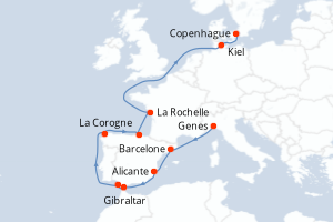 Carte itinéraire croisière Italie, Espagne, Royaume-Uni, France, Allemagne, Danemark - 13 jours au départ de Genes - Europe du Nord