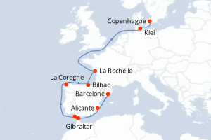 Carte itinéraire croisière Espagne, Royaume-Uni, France, Allemagne, Danemark - 11 jours au départ de Barcelone - Europe du Nord
