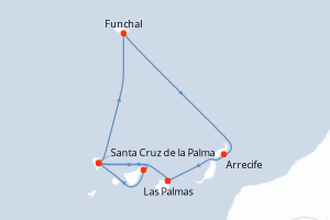 Carte itinéraire croisière Portugal, Espagne - 7 jours au départ de Las Palmas - Iles Canaries