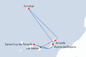 Carte itinéraire croisière Portugal, Espagne - 7 jours au départ de Funchal - Iles Canaries