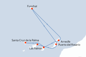 Carte itinéraire croisière Portugal, Espagne - 7 jours au départ de Las Palmas - Iles Canaries